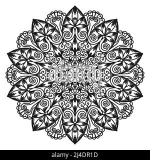 Dekoratives Mandala mit Blumenmuster. Rundes orientalisches Muster. Monochrome Arabeske. Malseite. Kreisförmiges Muster für Mehndi, Tattoo, Logo. Vektorgrafik Stock Vektor