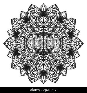 Monochromes Mandala auf weißem Hintergrund. Kreisförmiges orientalisches Blumenmuster. Rundes Arabesken. Malseite. Kreisförmiges Muster für Mehndi, Tattoo, Logo Stock Vektor