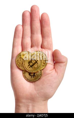 Hand hält Stapel von goldenen Bitcoins, isoliert auf weißem Hintergrund Stockfoto