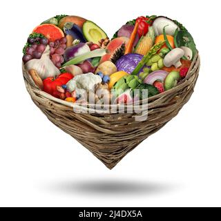 Obst und Gemüse Liebe und Herz Gesundheit Symbol in einem Füllhorn Korb als gesundes Essen und frische reife Früchte und Nüsse mit Bohnen als Diät. Stockfoto