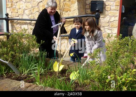 Kirchenminister und zwei Kinder Pflanzen einen Baum zur Feier der Queens Platinum Jubillee 2022 Stratford upon Avon UK Stockfoto