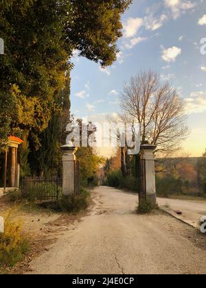Verlassene zentrale Tor am Sommerpalast der ehemaligen königlichen griechischen Familie im öffentlichen Park von Tatoi, Griechenland. Natur und blauer Himmel Stockfoto