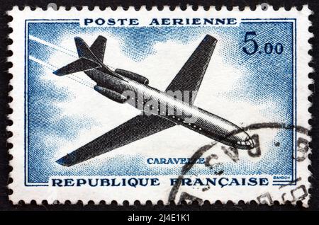 FRANKREICH - UM 1957: Eine in Frankreich gedruckte Briefmarke zeigt Caravelle, Airliner, um 1957 Stockfoto