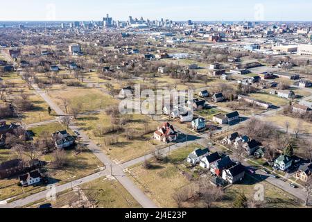 Fehlende Häuser, Poletown East Nachbarschaft, Detroit, MI, USA Stockfoto