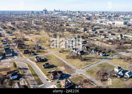 Fehlende Häuser, Poletown East Nachbarschaft, Detroit, MI, USA Stockfoto