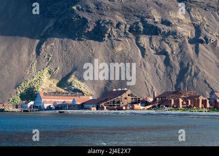 Südgeorgien, Stromness. Die historische Walfangstation ruiniert, wo Shackletons Rettungsaktion 1916 endete. Stockfoto