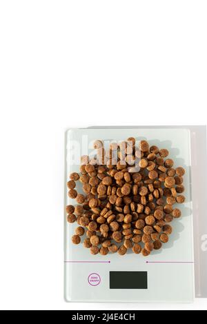Trockenes Tierfutter für Katzen, Hunde auf elektronischer Waage. Katzen- und Hundeernährung. Diätetische medizinische Ernährung für Haustiere. Gewichtskontrolle für Haustiere. Stockfoto
