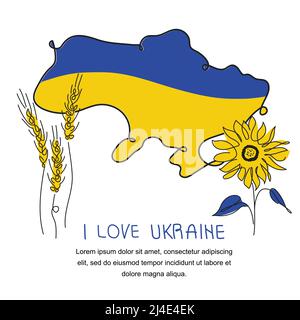 Vektor Illustration Karte der Ukraine in ukrainischer Flagge mit Traditionsblume und Schriftzug I LOVE UKRAINE. Vektor-Illustration globale Politik, KEIN KRIEG Stock Vektor