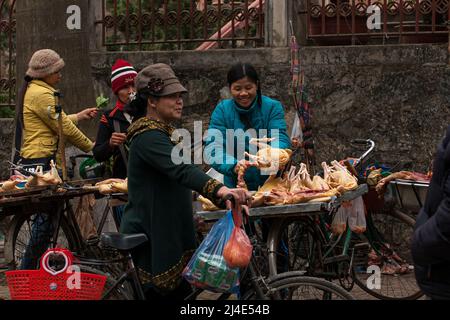 Lao Cai, Vietnam - 29. FEBRUAR 2012: Vietnamesische Straßenhändler verkaufen frisches Huhn auf ihren Fahrrädern auf einem feuchten Markt in der Nähe der Grenze zwischen Vietnam und China. Stockfoto