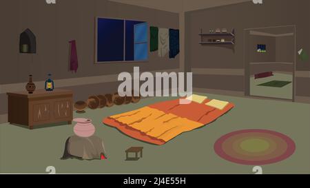 Schlechtes Hauszimmer innen mit Küche Cartoon Hintergrund mit Bett, Tisch, Fenster, Tür, Stuhl Vektor-Illustration. Stock Vektor