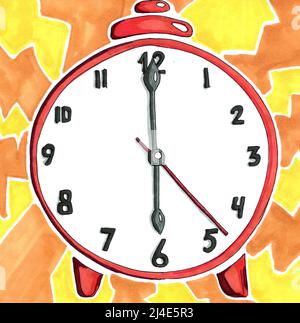 Der klingelnde Wecker ist rot auf gelb-orangefarbenem Hintergrund. Wecker für 6 Uhr. Handzeichnen mit Alkoholmarkern. Stockfoto