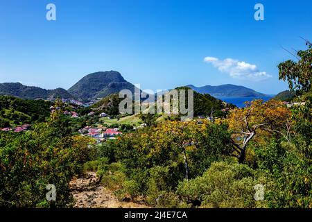 Blick vom Wanderweg Morne Morel, Terre-de-Haut, Iles des Saintes, Les Saintes, Guadeloupe, Kleinere Antillen, Karibik. Stockfoto