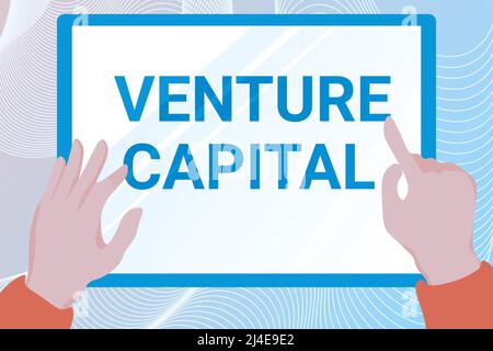 Hand schreiben Zeichen Venture Capital. Geschäftsidee Venture Capital Hände Illustration Holding Zeichnung auf Tablet-Bildschirm mit Informationen. Stockfoto