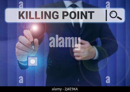 Schild mit Killing Point. Wort geschrieben auf Phase End Review Stage Gate Project Evaluation No Go man Holding Screen of Mobile Phone Showing the Stockfoto