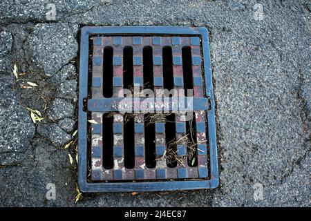 Nitra, Slowakei - 07.15.2021: Gusseisenrost über dem Abfluss. Gusseisernes Gitter über dem Abflusskanal. Sturmwasser-Ablaufgitter auf Steinpflaster. Stockfoto