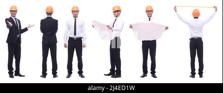 Panorama Foto Collage von qualifizierten Architekten isoliert auf weißem Stockfoto