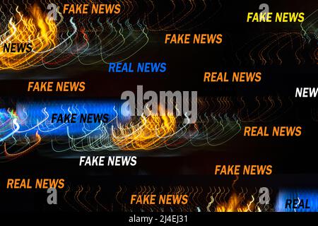 Abstrakte Illustration mit hellen Streifen und Flecken und Inschriften: FAKE NEWS und REAL NEWS Stockfoto