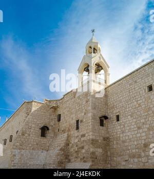 Geburtskirche in Bethlehem, Palästina, Israel. Außenansicht auf den Turm. Stockfoto