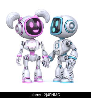 Niedliche rosa Mädchen und blauen Jungen Roboter halten Hände 3D Rendering Illustration isoliert auf weißem Hintergrund Stockfoto