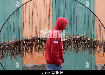 Teneriffa, Spanien. 14. April 2022. Prozessionsweg von Blumenkunst in Guia de Isora, Künstler von vielen Orten forme mehrere Skulpturen von efimieral Kunst über heilige Woche. (Bild: © Mercedes Menendez/Pacific Press via ZUMA Press Wire) Bild: ZUMA Press, Inc./Alamy Live News Stockfoto