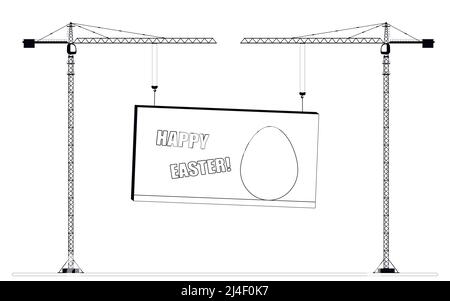 Zwei Turmdrehkrane halten eine Ladung mit einer Aufschrift. Konzept der Osterfeier. Flache Vektorgrafik. Stock Vektor