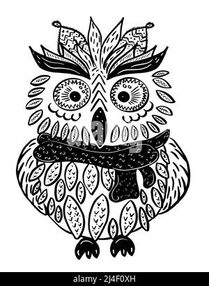 Cartoon Weise Eule in einem Schal auf weißem Hintergrund. Handgezeichnete Skizze für Kinder. Vektor, Illustration. Stock Vektor