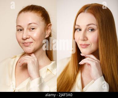 Frau vor und nach dem Make-up. . Das Konzept der Transformation, Schönheit nach dem Auftragen von Make-up mit einem Make-up-Künstler. Ergebnis ohne Retusche Stockfoto