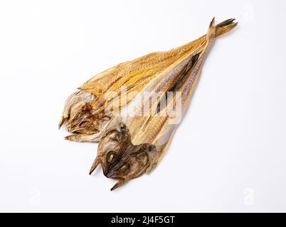 Getrockneter Pollack auf weißem Hintergrund von oben gesehen Stockfoto