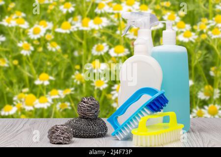 Plastikflaschen mit Spülmittel, Glas- und Fliesenreiniger, Bürsten und Metallschwämmen auf dem unscharfen natürlichen Hintergrund. Waschen und Reinigen Conce Stockfoto