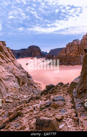 Blick von der Tamesguida Kathedrale in Tadrart Rouge, Tassili n'Ajjer Park. Sahara-Wüste. Felsige Berge, Sand in oranger Farbe, Felsen und Akazienbäume. Stockfoto