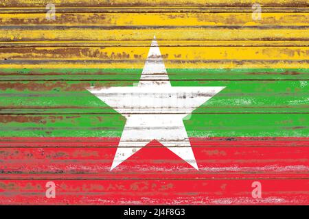 Myanmar Flagge auf einem rustikalen alten Metallblech gemalt Stockfoto