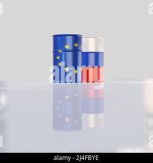 Isolierte 3D Render von Rohölfässern in Euro- und russland-Flagge Stockfoto