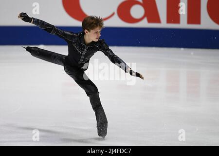 Tallinn, Estland. 14. April 2022. Ilia Malinin aus den Vereinigten Staaten tritt beim Junior Men's Program der International Skating Union (ISU) World Junior Figure Skating Championships am 14. April 2022 in Tallinn, Estland, auf. Kredit: Sergei Stepanov/Xinhua/Alamy Live Nachrichten Stockfoto