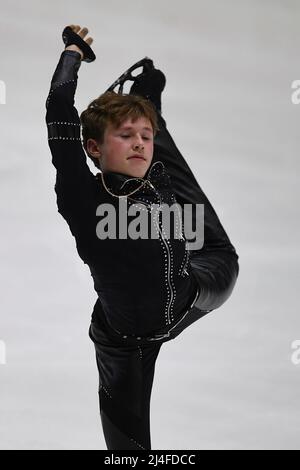 Tallinn, Estland. 14. April 2022. Ilia Malinin aus den Vereinigten Staaten tritt beim Junior Men's Program der International Skating Union (ISU) World Junior Figure Skating Championships am 14. April 2022 in Tallinn, Estland, auf. Kredit: Sergei Stepanov/Xinhua/Alamy Live Nachrichten Stockfoto