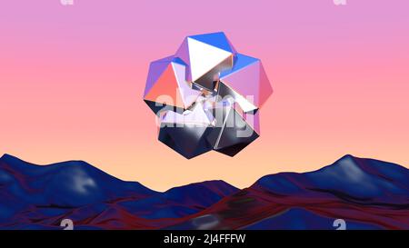 Abstrakte Chromform über blauer Landschaft bei Sonnenuntergang in der Vaporwelle. Hintergrund mit geheimnisvollem surreal glänzendem Objekt. 3D Abbildung Stockfoto