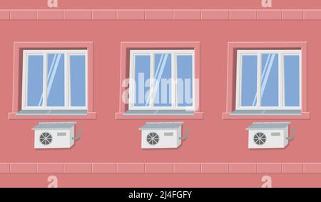 Klimaanlage an der roten Gebäudefassade mit Fenstern mit flacher Illustration Stock Vektor