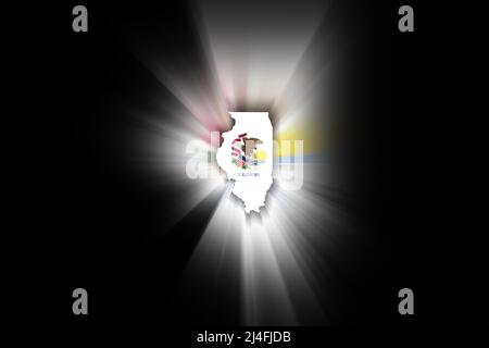 Karte von Illinois, auf schwarzem Hintergrund, Landkarte mit Flagge Stockfoto