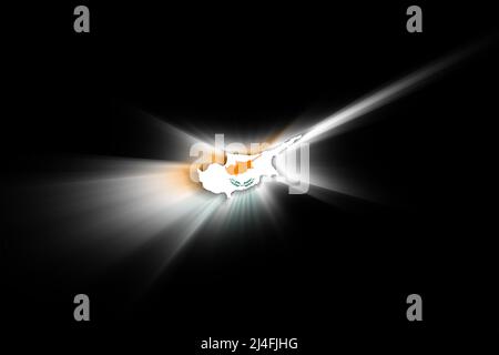 Karte von Zypern, auf schwarzem Hintergrund, Karte mit Flagge Stockfoto