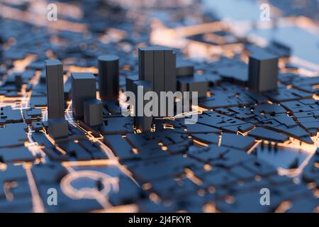3D Techno Smart City. 5G und urbane Technologie. 3D Rendern. Stockfoto