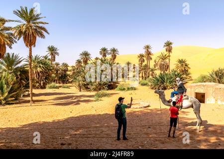 Touristen in der Sahara, eine Frau mit Kopftuch auf einem Dromedarkamel und ein Mann, der mit dem Smartphone fotografiert. Tuareg, einheimischer Reiseführer mit Kind. Stockfoto