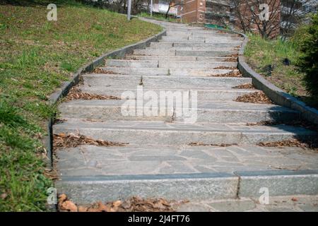 park: avenue mit Steintreppen in Form einer Doppelkurve. Die Treppe daneben hat einen Rasen mit Blumen und Pflanzen an den Rändern. Stockfoto