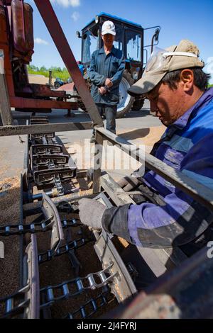 Provinz Nordkasachstan, Kasachstan - 12. Mai 2012: Arbeiter bei der Befestigung der Winnowermaschine. Kettenantrieb wechseln. Stockfoto