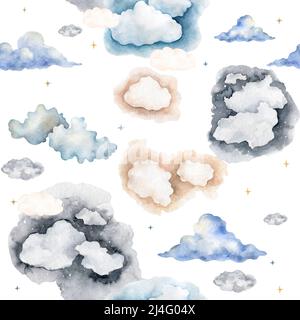 Wasserfarben Wolken mit Sternen in Pastellfarben, nahtloses Muster auf weißem Hintergrund, Vintage Aquarell Set Stockfoto
