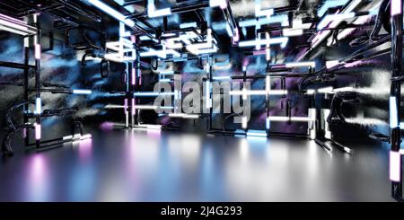 Futuristisches dunkles industrielles Grunge-Untergeschoss mit Pfeifen und leuchtendem blau-violettem Neonlicht 3D Render Illustration Stockfoto
