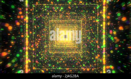 Eine helle Abstraktion aus geometrischen Formen. Bewegung. Ein hellgrüner Hintergrund, der aus Quadraten besteht, die tief in den Tunnel führen. Stockfoto