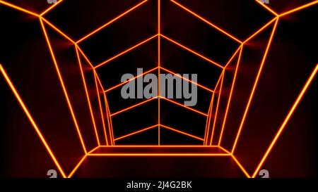 Roter und violetter Hintergrund in Abstraktion.Design. Helle Schwerter schaffen einen Gittertunnel, der sich bewegt und auf einem schwarzen Hintergrund schimmert. Stockfoto