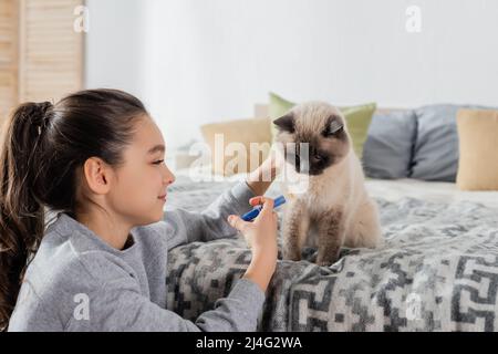 Lächelndes Mädchen, das im Schlafzimmer mit einer Spielzeug-Spritze eine Injektion zur Katze macht Stockfoto