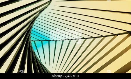 Fliegen im farbverändernden Tunnel, der von Linien bedeckt ist, nahtlose Schleife. Design. Kurvender abstrakter Korridor von Alien. Stockfoto