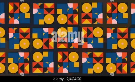 Quadrate mit wechselnden geometrischen Formen. Bewegung. Farbenfrohe, wechselnde Muster in Quadraten. Looped Änderung der geometrischen stilvollen Muster in Quadraten. Retro Stockfoto