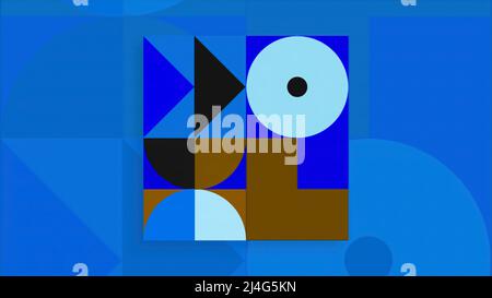 Blauer Hintergrund. Bewegung. Eine Abstraktion kleiner geometrischer Formen, die die Farbe verändern und sich abwechseln. Stockfoto